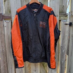 Harley Davidson Motorcycles Black Orange Nylon Coat Jacket Mens XL Zip Up